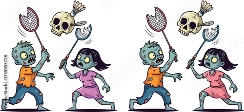 Cartoon zombie kids, skull badminton match, spooky sports scene, Halloween playful horror, undead racket game, creepy festive activity, fun illustration moment