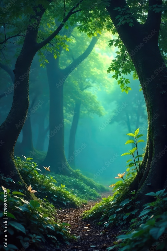 Fototapeta premium Enchanted forest leaves glowing with ethereal light, imbued with magical energy Perfect for fantasy, mystical, and spiritual projects , shimmer, spiritual design