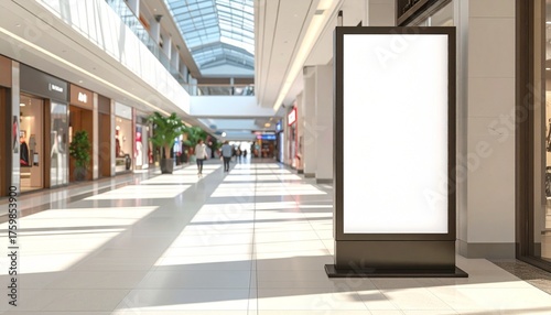 A blank white digital screen for commercial promotion stands inside a spacious and sunlit retail mall interior