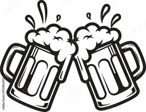 Two frothy mugs of dark beer clinking in a celebratory toast