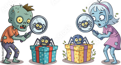 Cartoon zombie kids, spider gift inspection, Halloween curiosity scene, spooky present box, undead children illustration, playful horror concept, festive fun moment