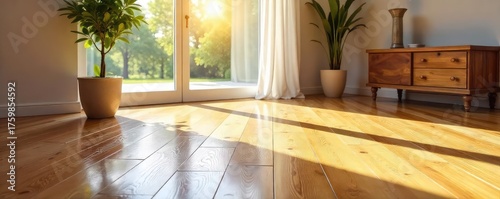 Gleaming hardwood floors reflect sunlight streaming through a large window in a bright, modern interior The polished surface is pristine and shows intricate wood grain detail , texture, hardwood