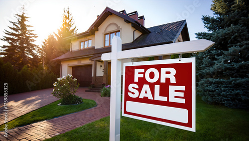 Charming home for sale surrounded by lush greenery and brick walkway, large house has a for sale sign in front of it.	