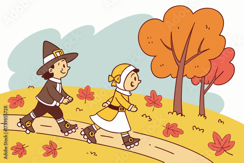 Cartoon pilgrims rollerblading on autumn leaves.