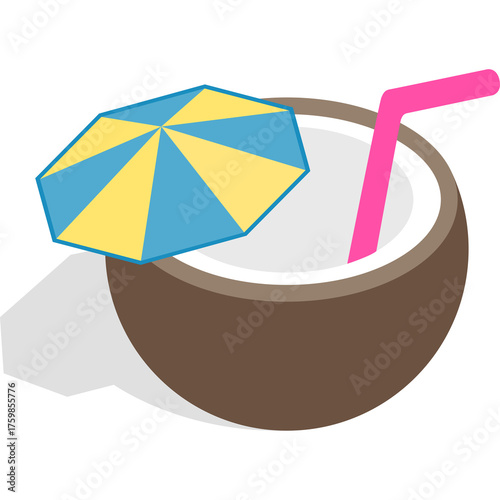 Isometric Coconut Drink with Umbrella and Straw on Transparent Background in 3D Style
