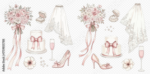 Elegant watercolor illustration of wedding essentials including a bridal bouquet, veil, cake, ring, shoes, and champagne flute, perfect for invitations.