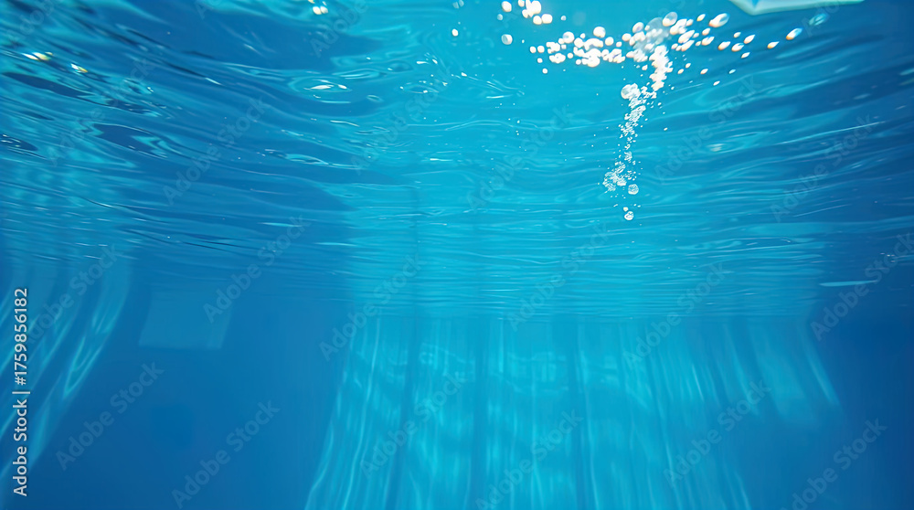 Obraz premium A view beneath clear blue water, rays of light penetrating the water's surface.