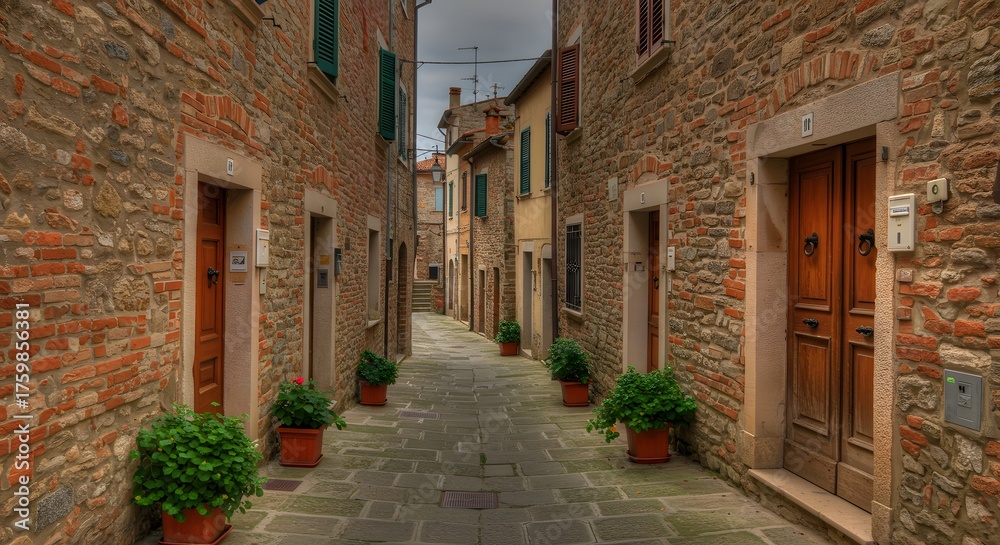 Fototapeta premium Cobbled alleyway flanked by brick & stone buildings with wooden doors & potted plants