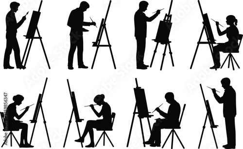Artists painting, silhouette figures, creative posture, drawing on easel, art session, visual expression, studio scene, brushwork, artistic diversity, focused creation