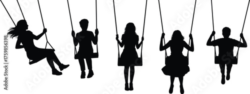Children on swings silhouette, playful motion vector, black illustration, childhood freedom icon, sitting figures, outdoor activity, minimalist lifestyle scene
