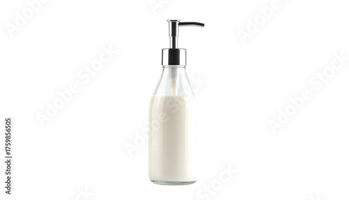 Clear glass bottle with chrome pump filled with white opaque liquid, against a black backdrop