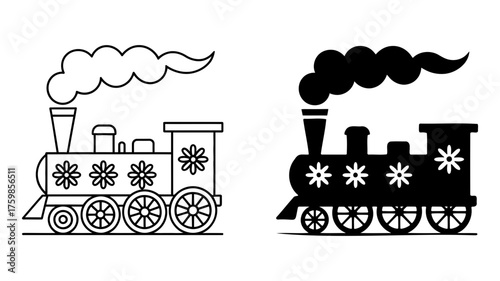 Vector art of locomotive train icons, featuring vintage steam engine in outline and silhouette styles for transportation and railway themes