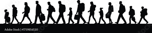 Silhouette, people walking, migration concept, journey, commuters, urban lifestyle, crowd movement, diversity, travel, transition, teamwork, unity, business attire, backpacks,