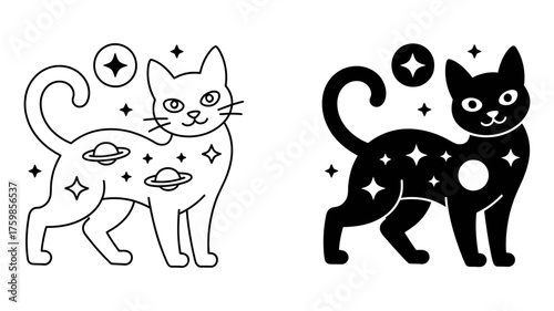 Vector art of whimsical cosmic cat illustration, featuring planets, stars, and a celestial theme, perfect for fantasy and space lovers