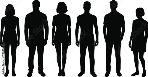 Silhouette, standing people, black and white, gender diversity, minimal background, posture variation, male female figures, group lineup, casual stance, fashion outline,