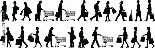 Silhouette, shopping activity, consumer behavior, black and white, walking figures, pushing carts, carrying bags, retail scene, minimal background, posture variation, everyday life