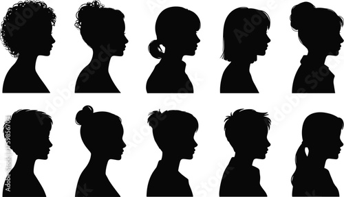 Female hairstyle silhouette, black profile vector, side view woman head, diverse hair design, fashion beauty icon, haircut collection, style reference