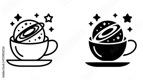 Vector art of a cup of galaxy, a whimsical illustration of a planet with rings in a teacup surrounded by stars