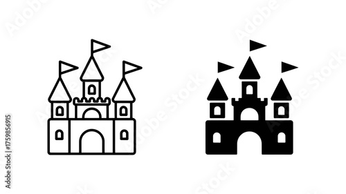 Vector art of enchanting castle icon, showcasing a fairytale kingdom with towers, flags, and a magical allure in a simple design