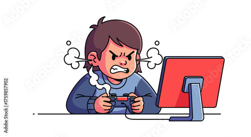 Intensely focused gamer expressing visible frustration while sitting down during a challenging video game session