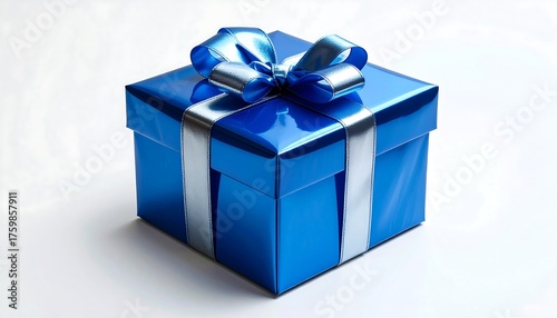 Blue Gift Box with Silver Ribbon sits Isolated. Use for celebration, holidays, birthday marketing. Elegant, modern design element.