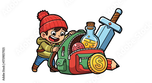 Child packing a backpack with adventure items including a sword, potions, and coins for a game