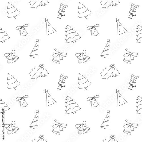 Christmas trees and bells seamless pattern, hand drawn, vector illustration