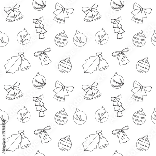 Christmas balls and bells seamless pattern, hand drawn, vector illustration