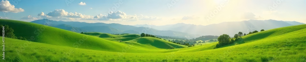 Fototapeta premium Serene vista of rolling green hills under a vast, clear sky; sunlit meadow with distant mountains Perfect for nature, travel, and environmental themes , green, day