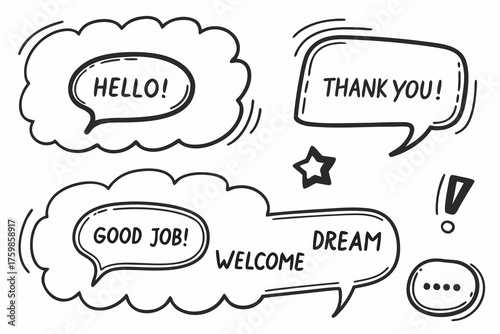 Hand drawn speech bubbles with motivational phrases and greetings