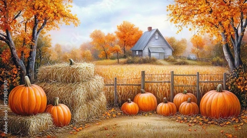Autumn farm scene with pumpkins, hay bales, and rustic barn amidst fall foliage.