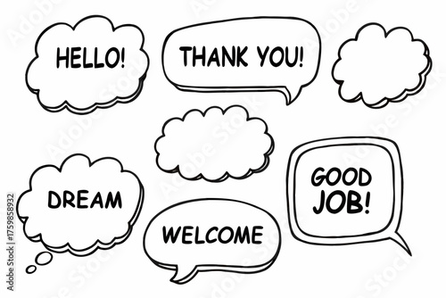 Hand drawn speech bubbles with positive affirmations and greetings