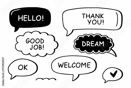 Hand drawn speech bubbles with positive affirmations and greetings