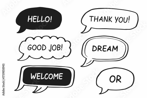 Hand drawn speech bubbles with positive words and greetings