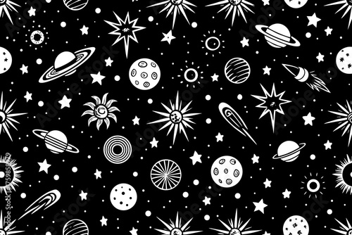 Whimsical black and white space pattern with planets stars and rockets