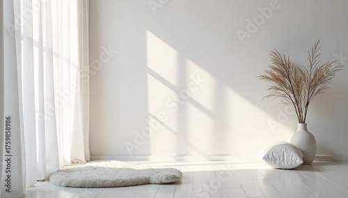 Serene white interior, minimalist design, soft natural light streaming through sheer curtains, creating a calming atmosphere Perfect for relaxation and tranquility , decor, home