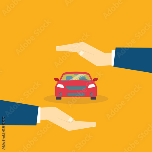 Car with a protective hands. For security concepts, protection of private property. Insurance, mortgage, credit	