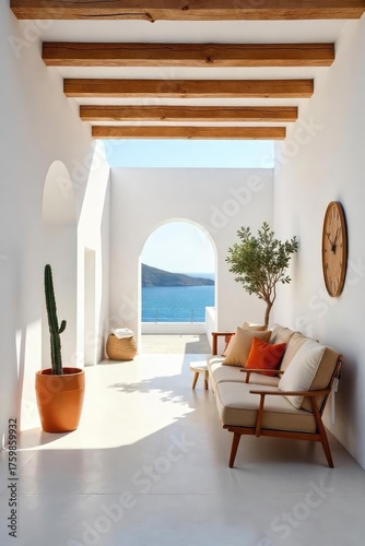 Sun-drenched, minimalist interior with whitewashed walls, exposed beams, and terracotta accents A serene and stylish space reflecting modern Greek design principles , apartment, interior, plants