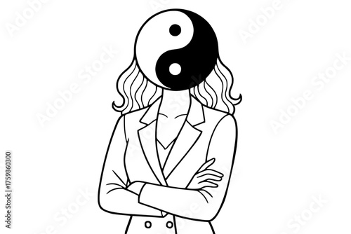 Woman with yin yang taoism dual nature symbol on her head