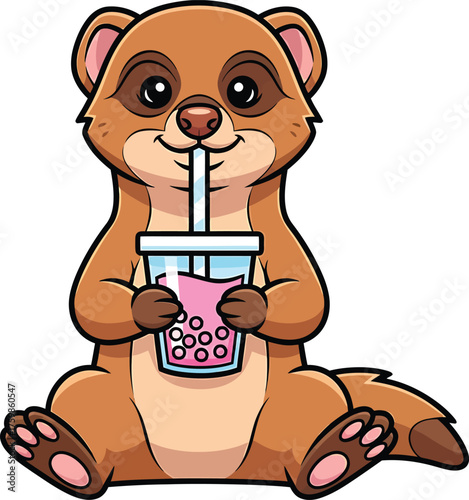 Cute Mongoose Drinking Bubble Tea Vector Illustration on Solid White Background