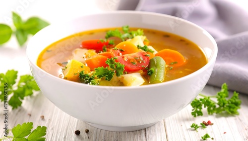 Fototapeta Naklejka Na Ścianę i Meble -  Bowl of fresh homemade vegetable soup with parsley.