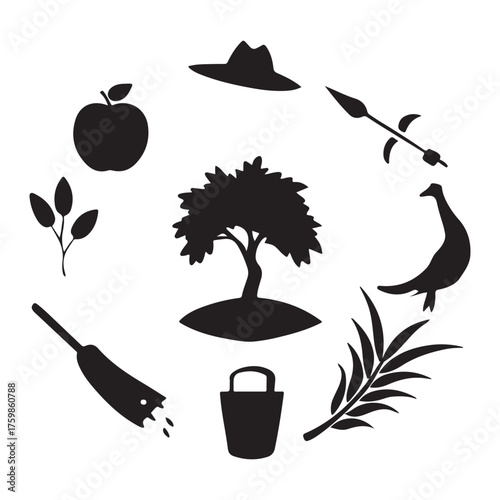 Circular arrangement of agricultural and hunting symbols in silhouette