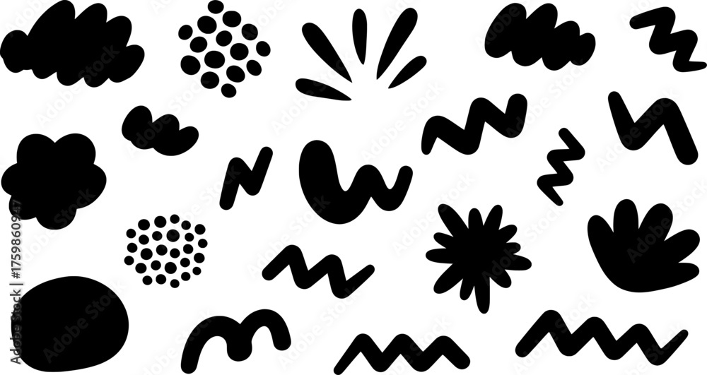 Fototapeta premium Set of abstract shapes, vector illustration. Black color floral, doodle, zig zag and burst elements.