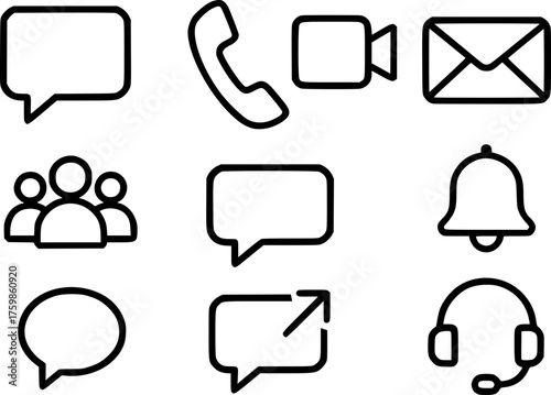 Black and white minimalist vector icon set of communication symbols including chat, phone, email, video call, and message send