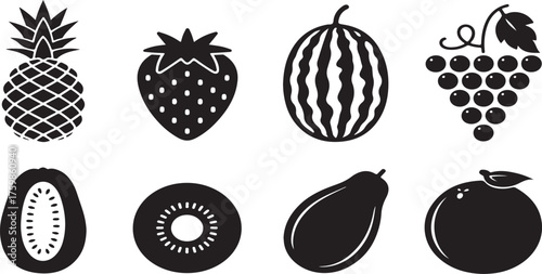 Tropical Fruit Silhouette Vector Set Featuring Pineapple and Kiwi