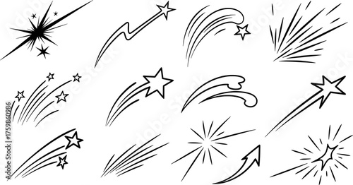 Set of hand drawn shooting star icons. Star trails with shine, comet, light, vector illustration.