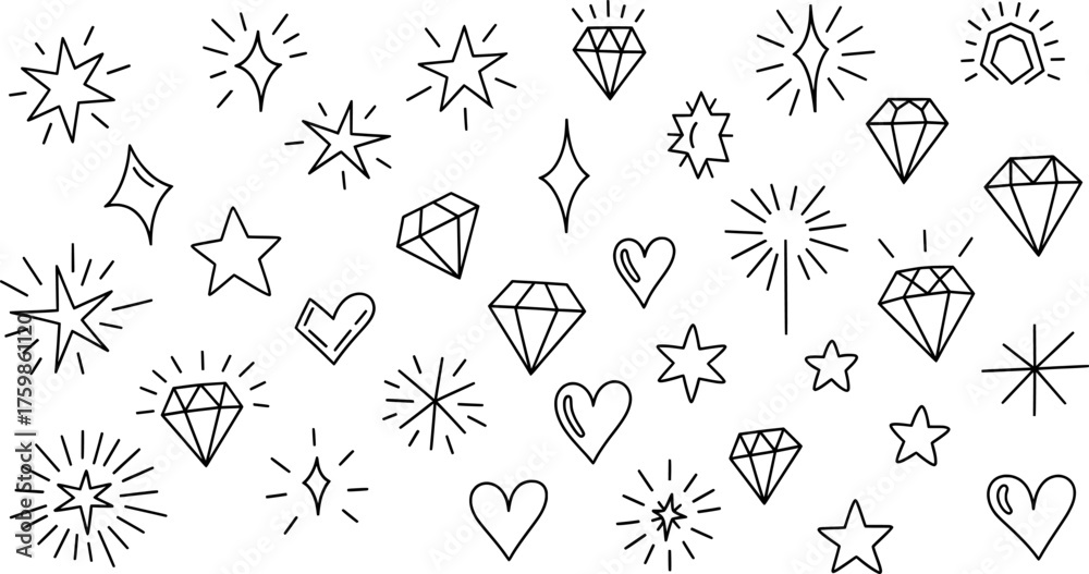 Fototapeta premium Line art seamless pattern design with stars, diamonds, hearts. Geometric seamless pattern. Vector illustration.
