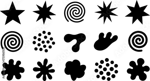 Collection of assorted abstract design elements. Vector illustration of black shapes.