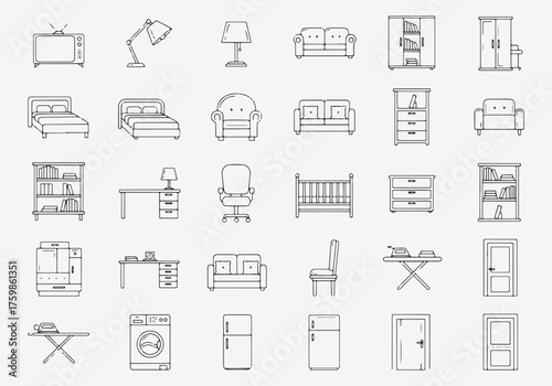 Collection of minimalist furniture icons for interior design. Linear duotone simple icons collection. Home furniture outline icons set: sofa, lamp, tv, rug, remote, pillows, side table