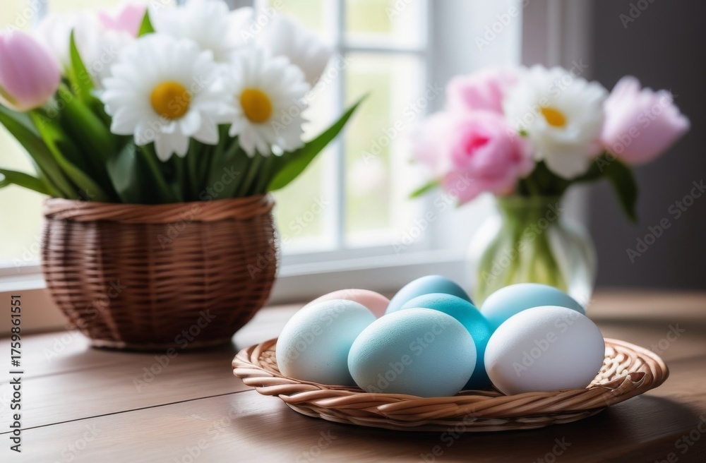 Obraz premium Colorful Easter eggs in a woven basket on a wooden table. Fresh flowers in vases nearby. Bright and festive atmosphere for the church holiday.